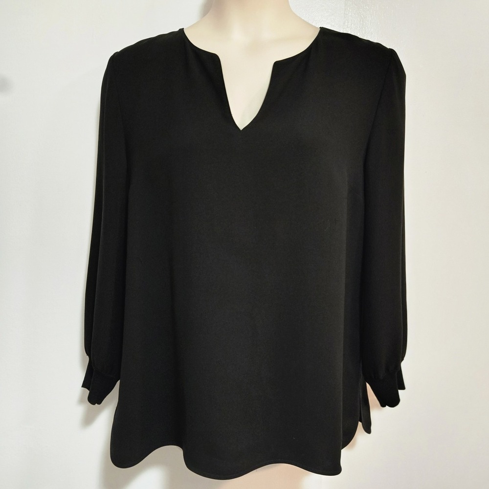 Lafayette 148 New York XL Black Blouse Top Summer Split V Neck Pullover